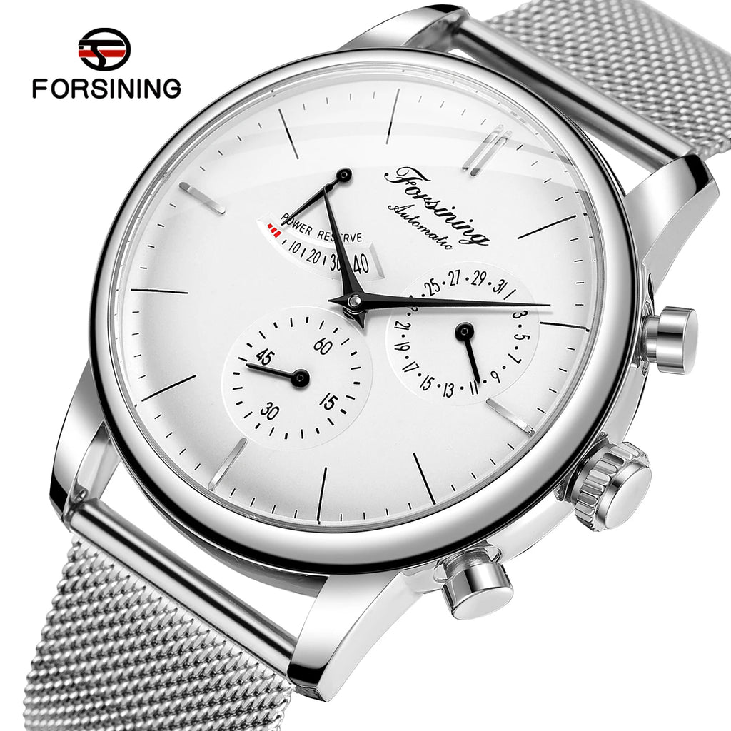 Power Reserve Automatic Watch - White Dial Mesh Band