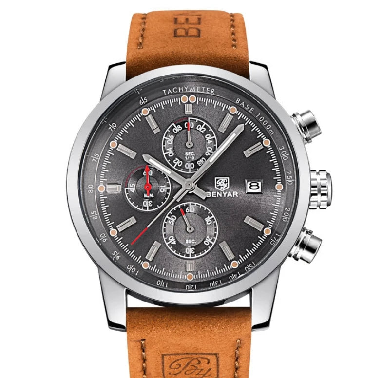 Benyar 5102 Men's Watches Waterproof Leather Strap Watches Men's Chronographs Top Brand Hot Quartz Watches