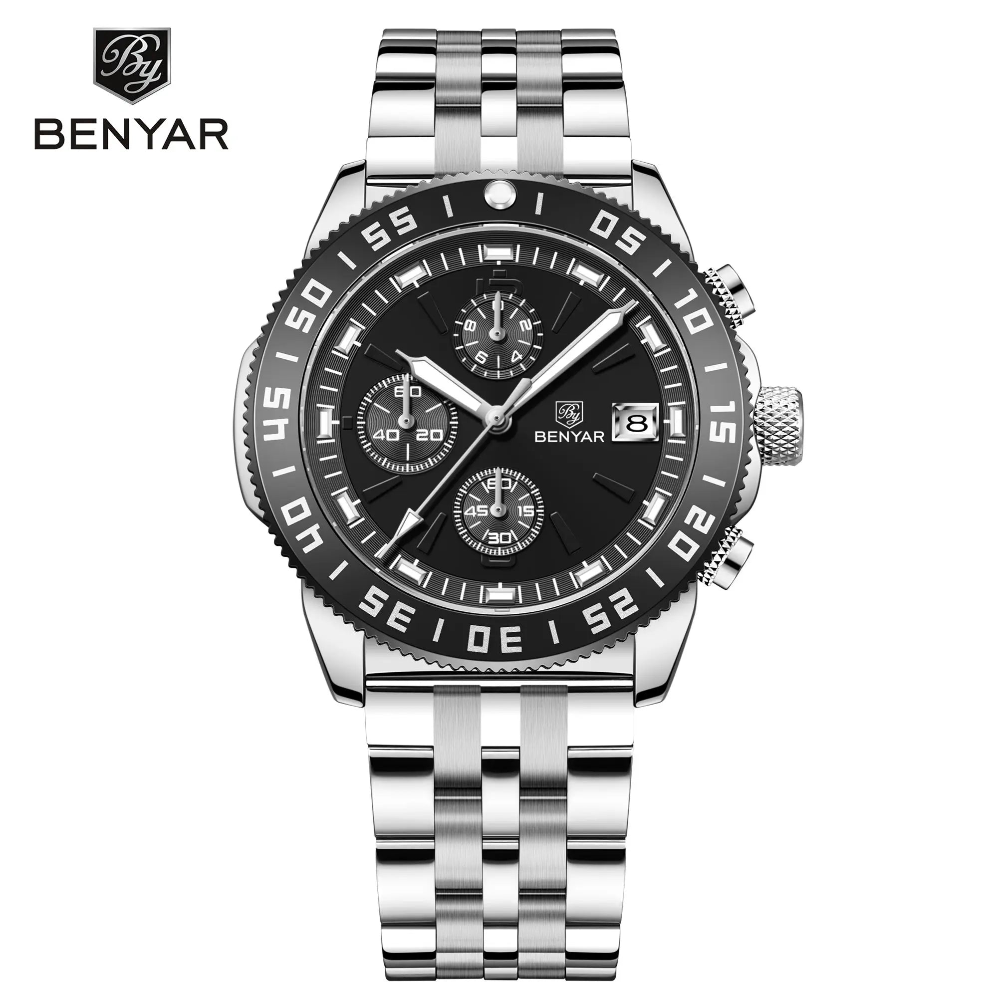 Benyar 5198 Men Timepiece Stainless Steel Band Water Proof Chronometer Character Business Wristwatch