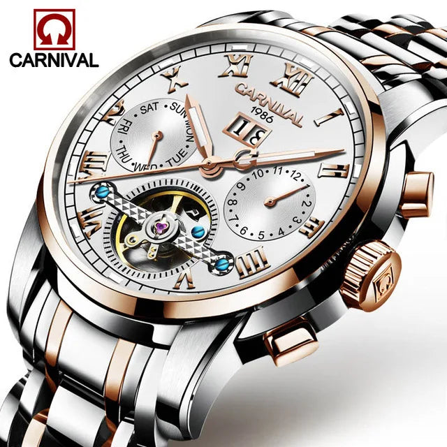 Montre Homme CARNIVAL Tourbillon Mechanical Wristwatches Sapphire Calendar Luminous Waterproof Automatic Watches for Man 2025