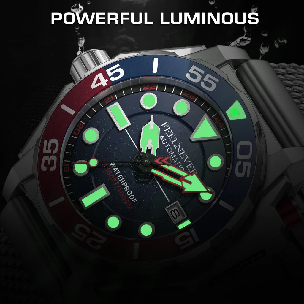 LIGE FN1809 Men's Sport Automatic Mechanical Watch DIVER Series Chronograph Stainless Steel 1000M Waterproof Wristwatch Fashion