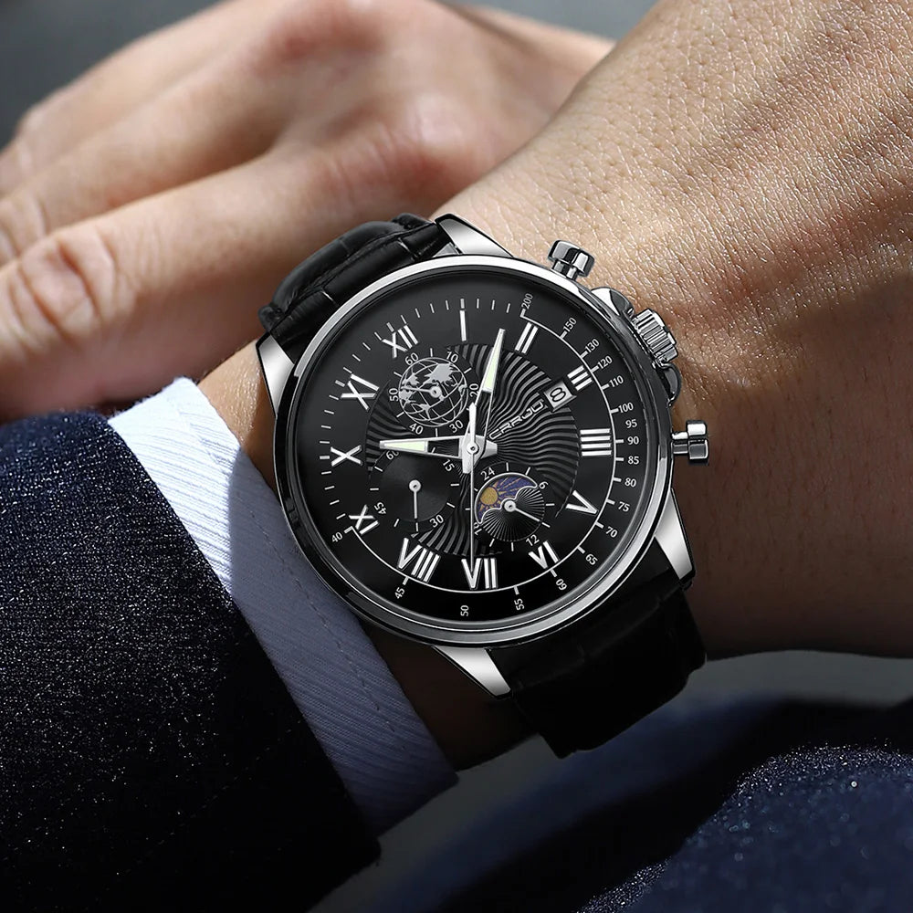 CRRJU Men's Leather Chronograph Watch