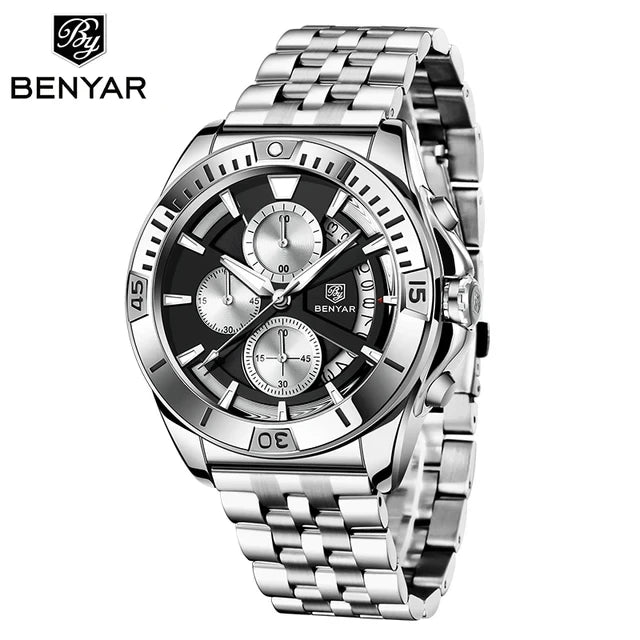 BENYAR 5180 5180M Luxury Brown Genuine Leather Quartz Watch for Men Multifunctional Chronograph Waterproof Calendar Men's Watch