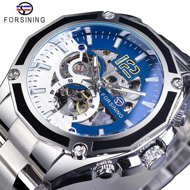 Top Brand Luxury Forsining Golden Skeleton Fashion Black Stainless Steel Design Automatic Sport Hour Timepiece Mechanical Watch