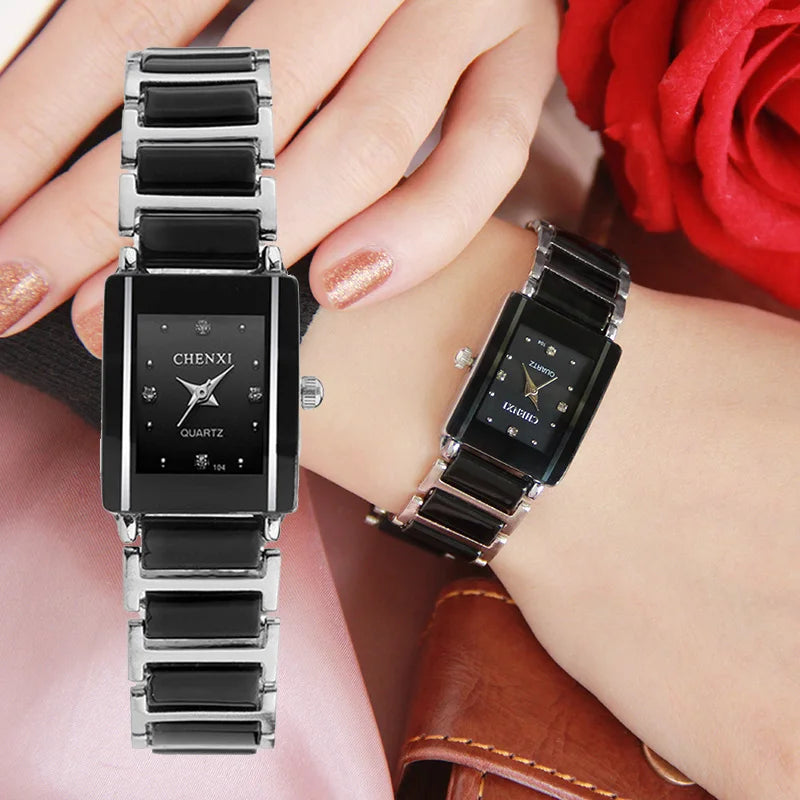 Minimalist Ceramic Rhinestone Watch - Sleek Black Quartz Timepiece for Women