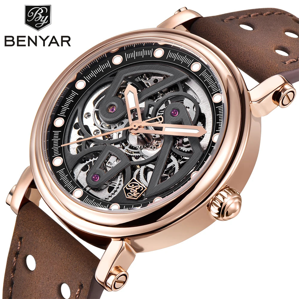 Benyar Watch 5202  Genuine Leather Strap Waterproofing Skeleton Low Moq Business Luxury Custom Face Man Mechanical Watch
