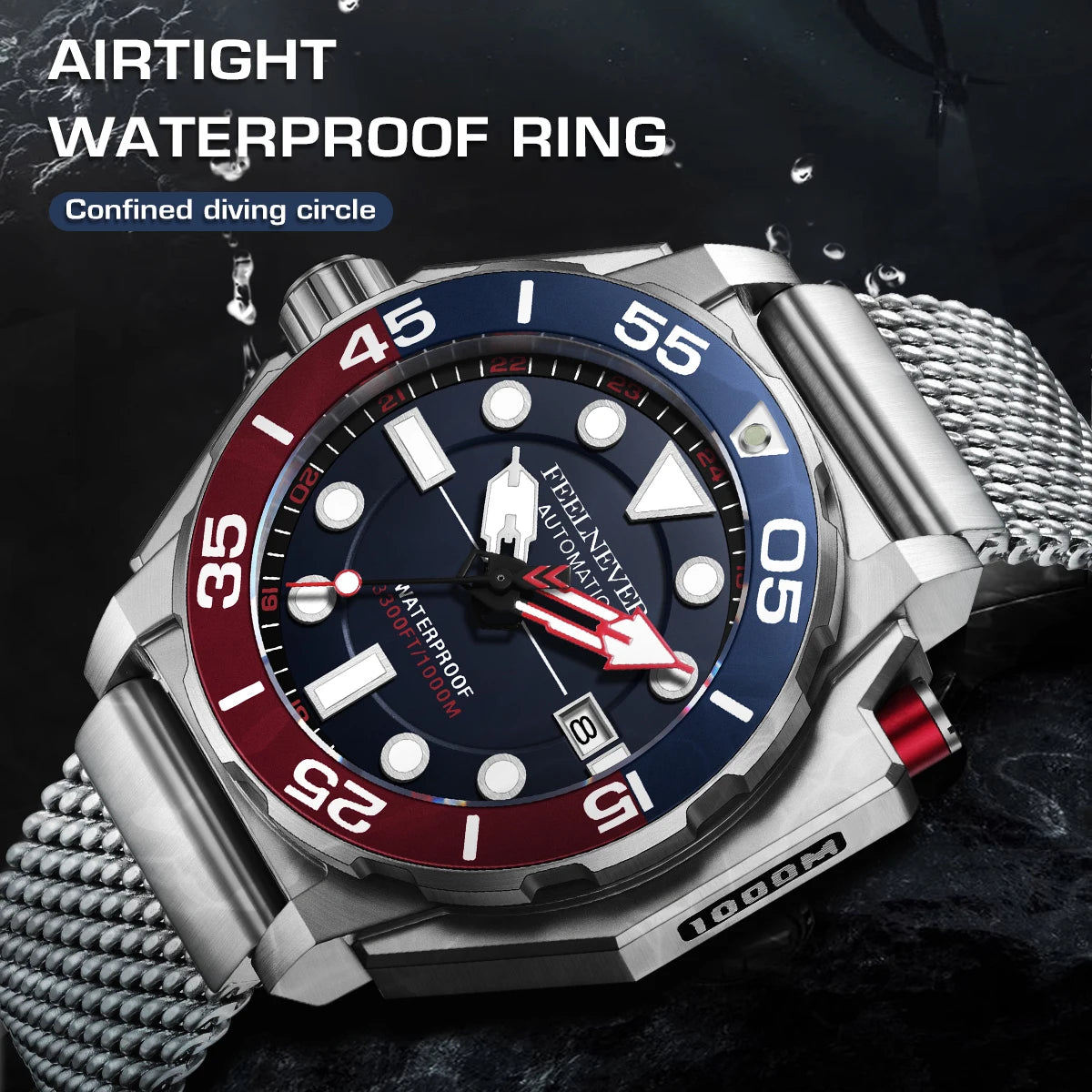 LIGE FN1809 Men's Sport Automatic Mechanical Watch DIVER Series Chronograph Stainless Steel 1000M Waterproof Wristwatch Fashion