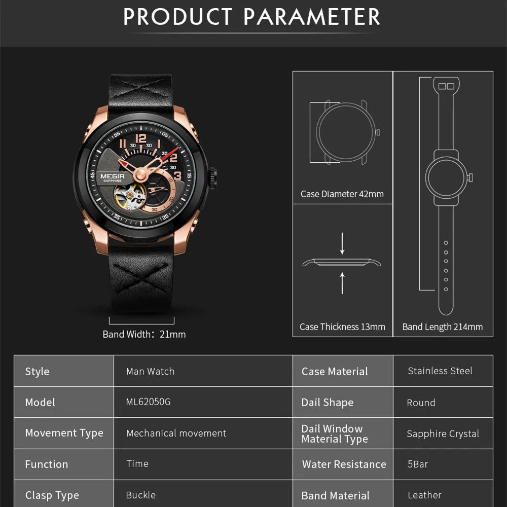 MEGIR 62050 Men Luxury Watches Sport Automatic Movement Mechanical Watch Leather Business Wristwatch Big Dial Relogio Masculino