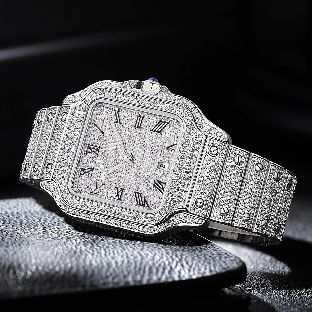 Luxury Analog Pointer Automatic Mechanical Watch Square Design VVS Moissanite Diamond Test Popular Manufacturers Retail