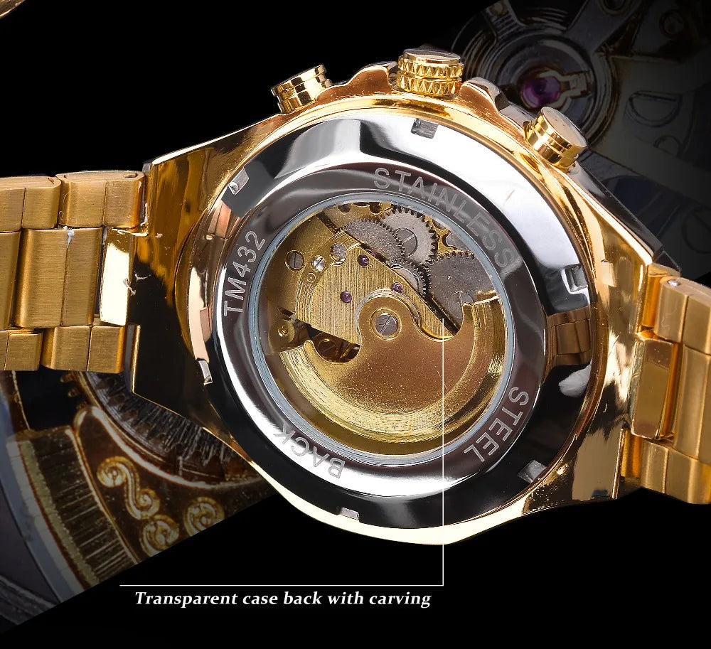 Winner Men's Automatic Mechanical Watch - Black Gold Steel Waterproof Luminous Sport