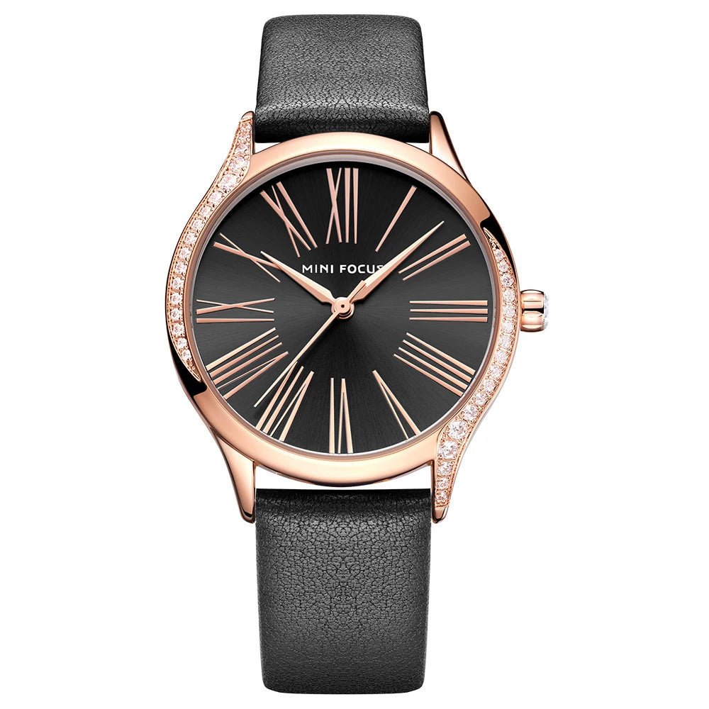Diamond Grace - Women's Leather Strap Watch with Crystal Case
