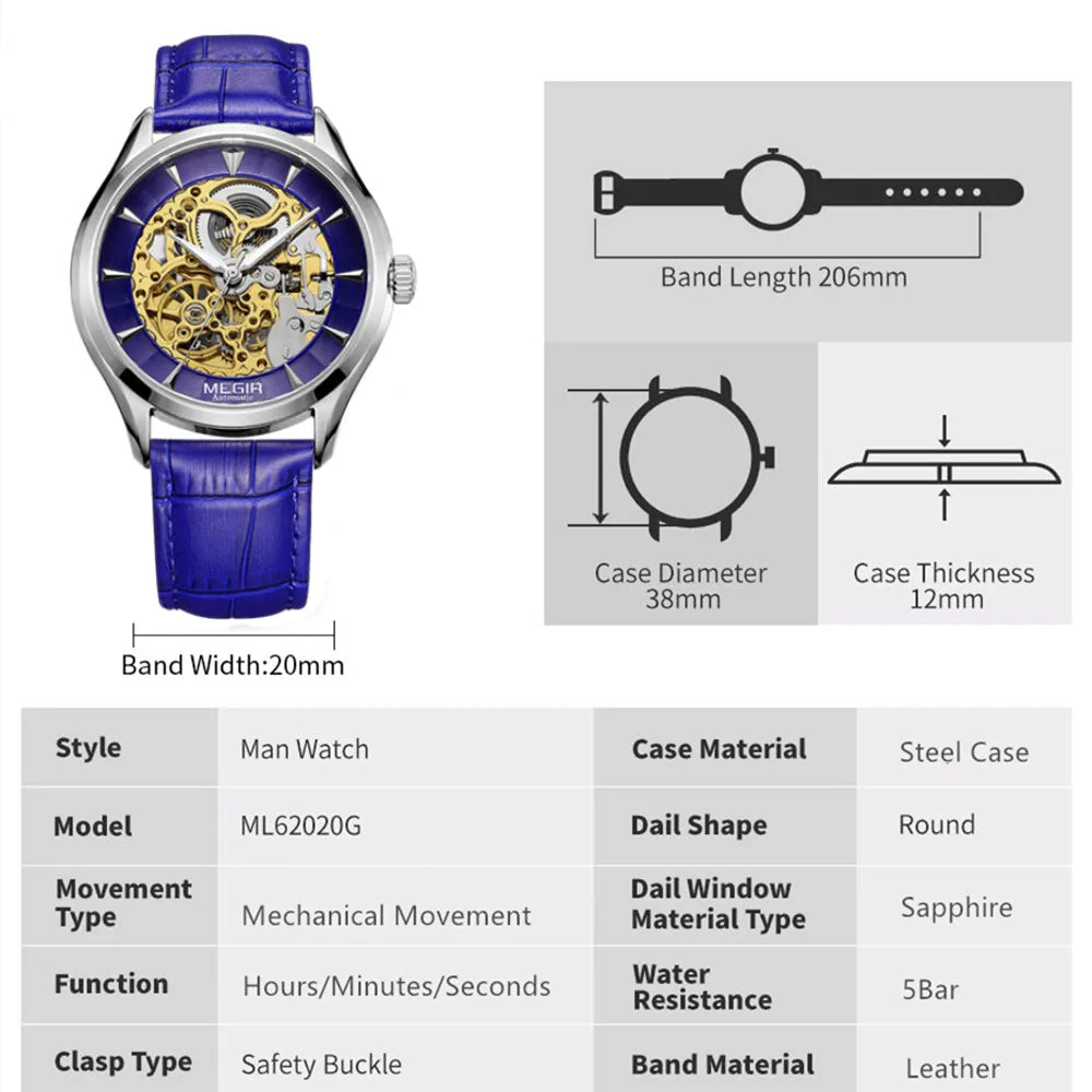 MEGIR Men's Watches Hollow Out Mechanical Watch Automatic Waterproof Wristwatch Leather Strap Business Casual Clock 62020