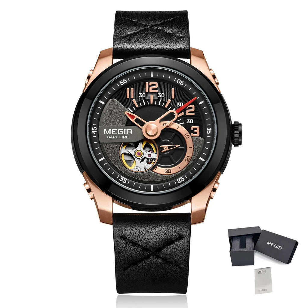 MEGIR 62050 Men Luxury Watches Sport Automatic Movement Mechanical Watch Leather Business Wristwatch Big Dial Relogio Masculino