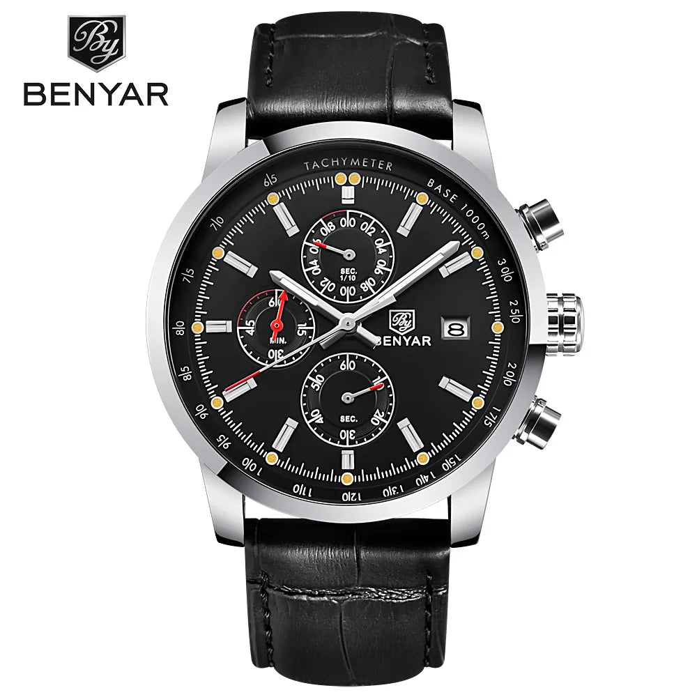 Benyar 5102 Men's Watches Waterproof Leather Strap Watches Men's Chronographs Top Brand Hot Quartz Watches