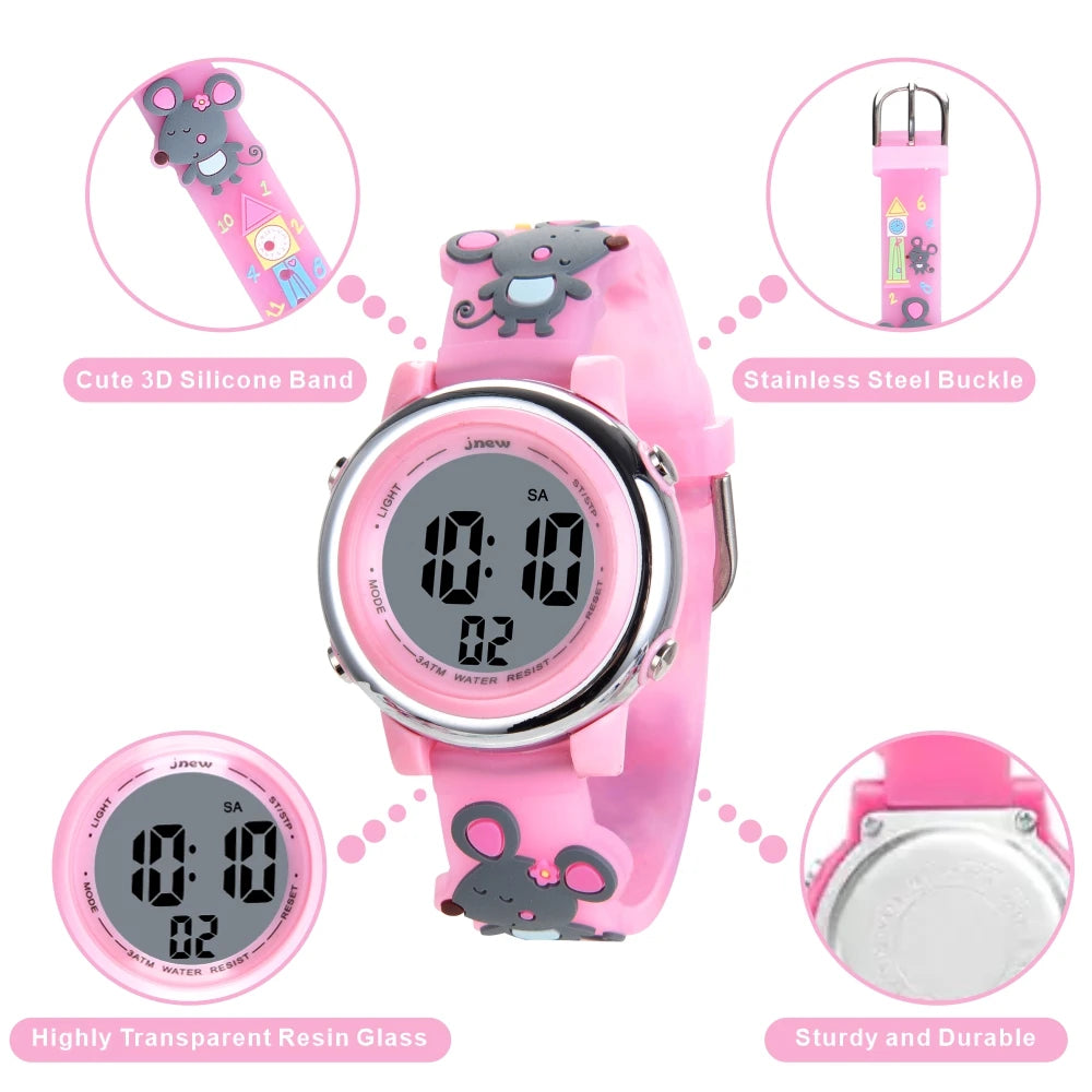 JNEW Cute Custom Sport & Cartoon Kids Watches Waterproof LED Digital Watch for Girls Stylish & Fun