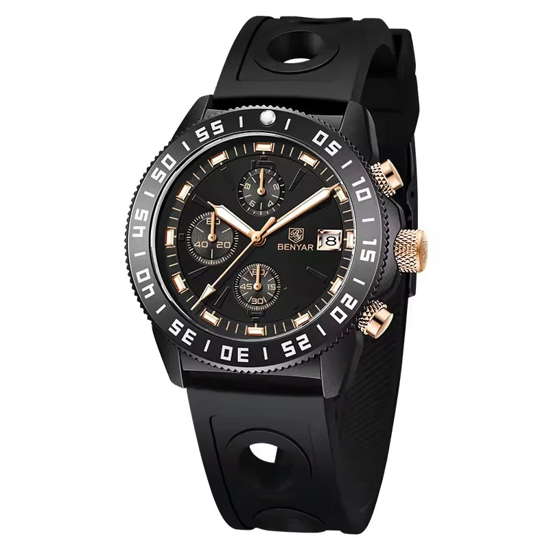 Benyar 5198 Men Timepiece Stainless Steel Band Water Proof Chronometer Character Business Wristwatch