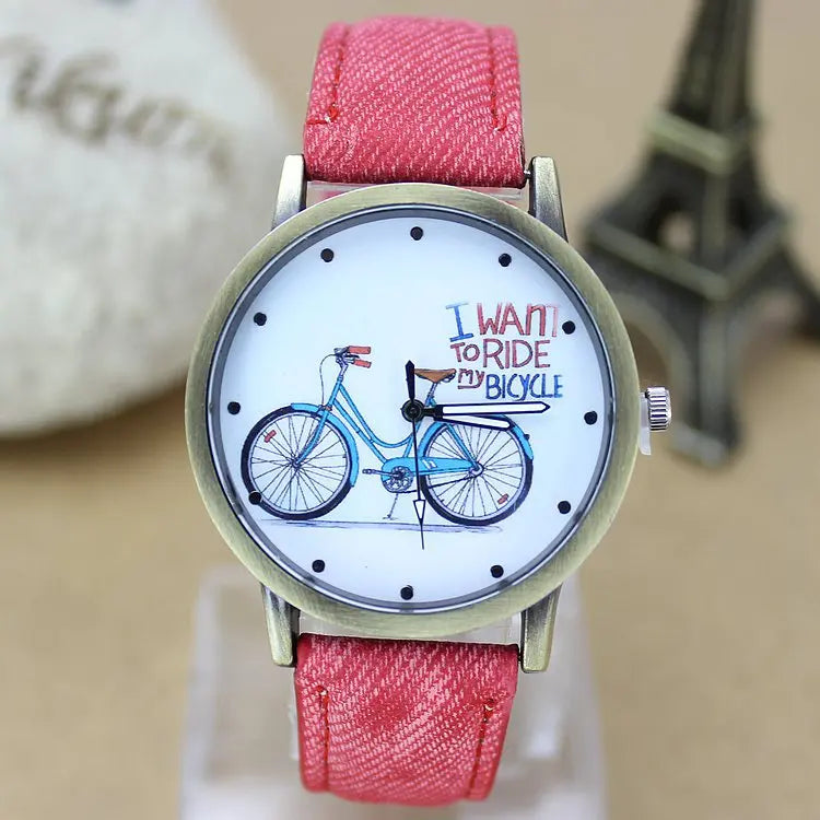 New Fashion Men bicycle Watch Women Jean Fabric Leather Strap Dress Watches Relogio Feminino Ladies Casual Quartz Watch Hot Hour