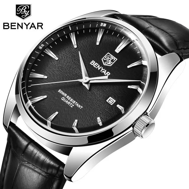Benyar 5163  Minimal Analog Business Leather Strap Wrist Watches for Male Fashion Casual Man Quartz Watch Men Luxury Brand