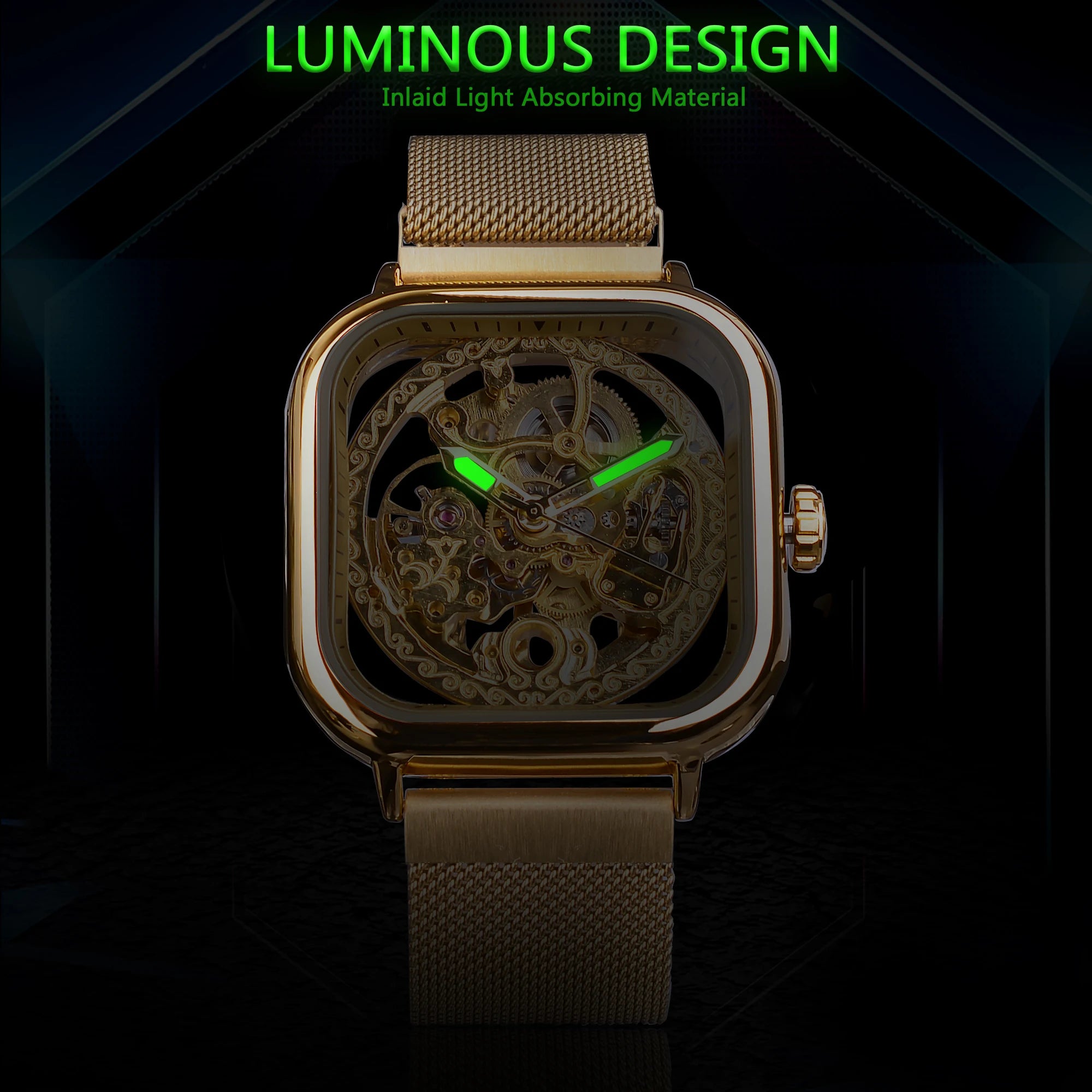 Golden Square Skeleton Automatic Watch - Mesh Steel Band