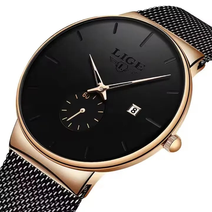LIGE 9969 New Fashion Mens Quartz Watches Top New Luxury Wrist Watch Men Rloj Casual Slim Mesh Steel Waterproof Watch for Male