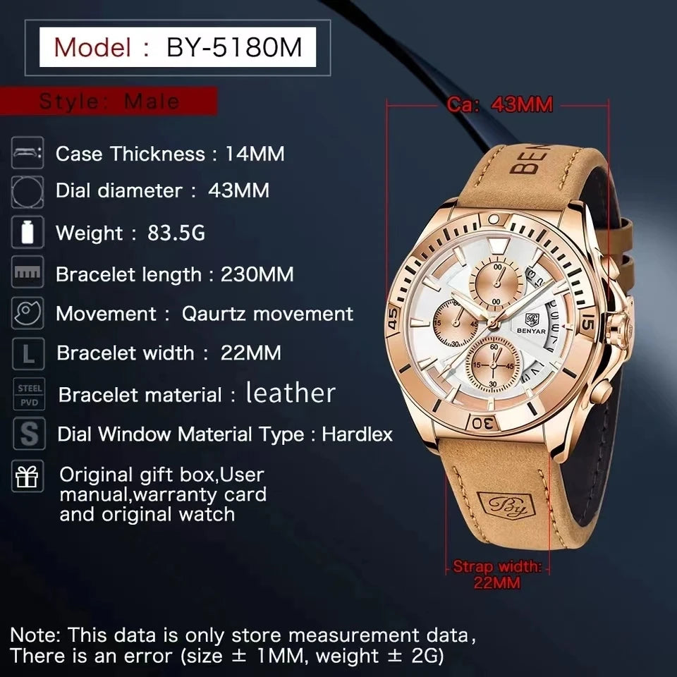 BENYAR 5180 5180M Luxury Brown Genuine Leather Quartz Watch for Men Multifunctional Chronograph Waterproof Calendar Men's Watch