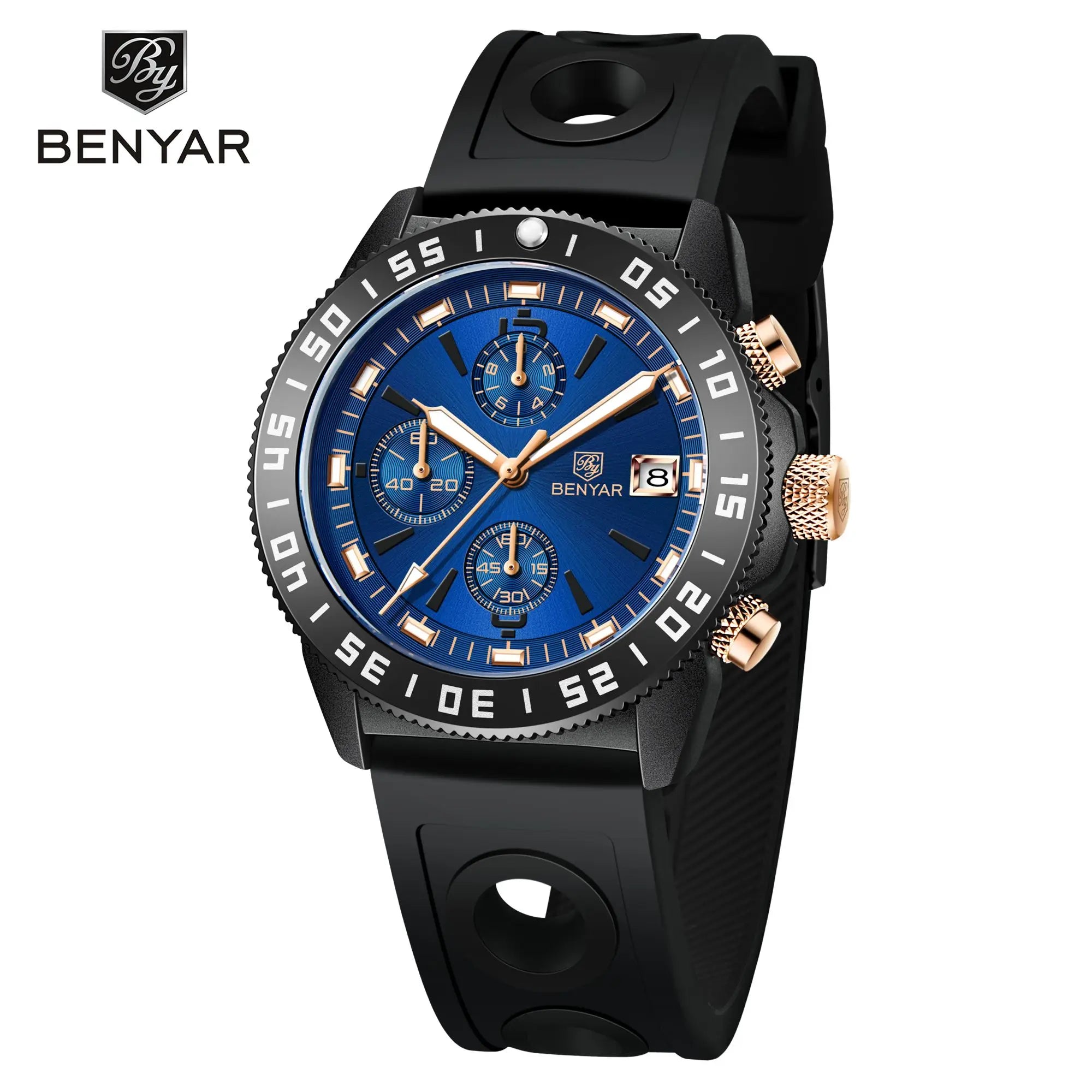 Benyar 5198 Men Timepiece Stainless Steel Band Water Proof Chronometer Character Business Wristwatch