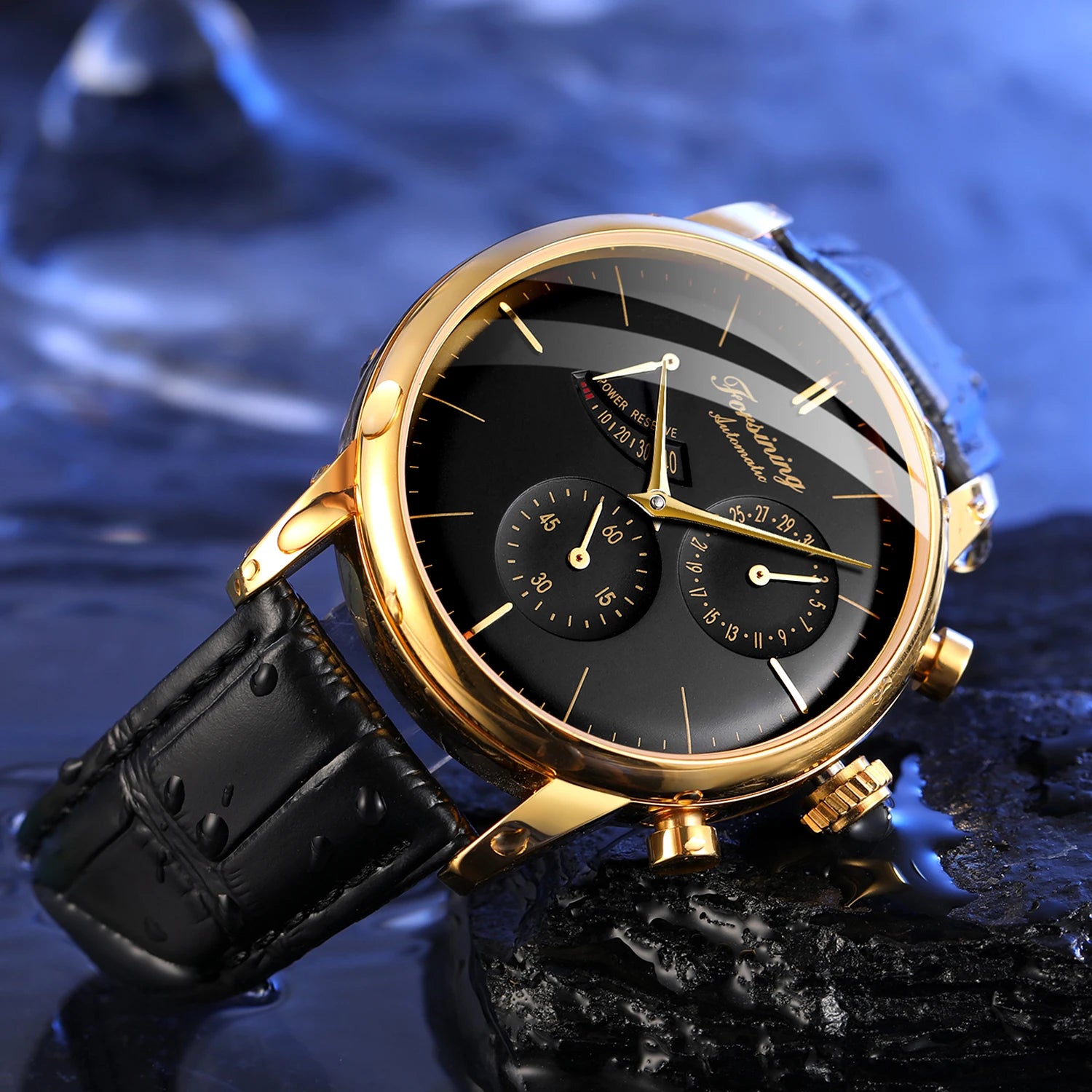 FORSINNG Men's Mechanical Watch - Black Gold Skeleton Dial Automatic Movement Leather Strap