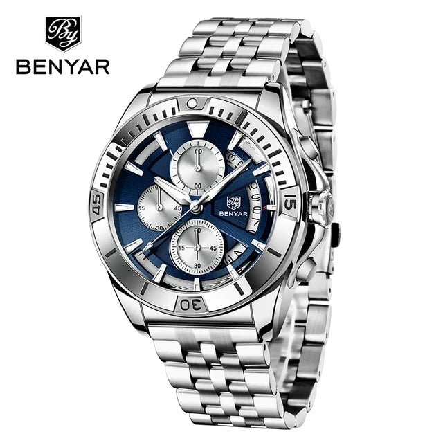BENYAR 5180 5180M Luxury Brown Genuine Leather Quartz Watch for Men Multifunctional Chronograph Waterproof Calendar Men's Watch