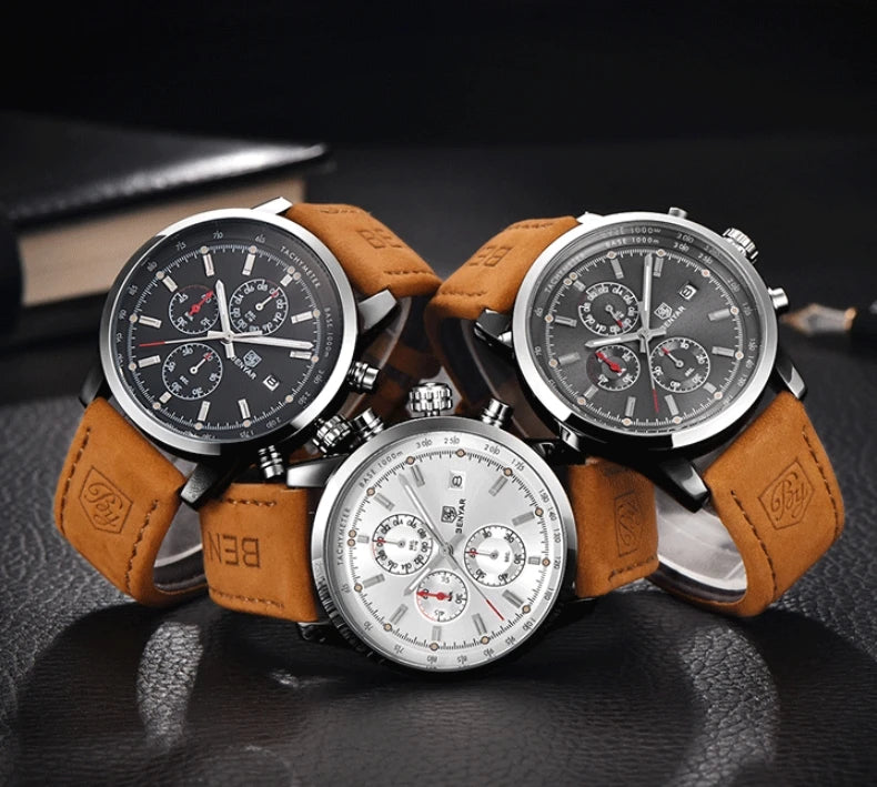 Benyar 5102 Men's Watches Waterproof Leather Strap Watches Men's Chronographs Top Brand Hot Quartz Watches