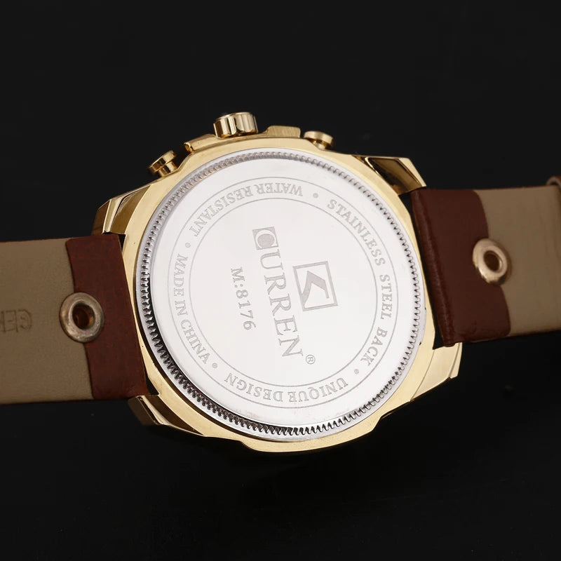 CURREN Men's Luxury Gold Big Dial Quartz Watch - Leather Strap Sport Casual