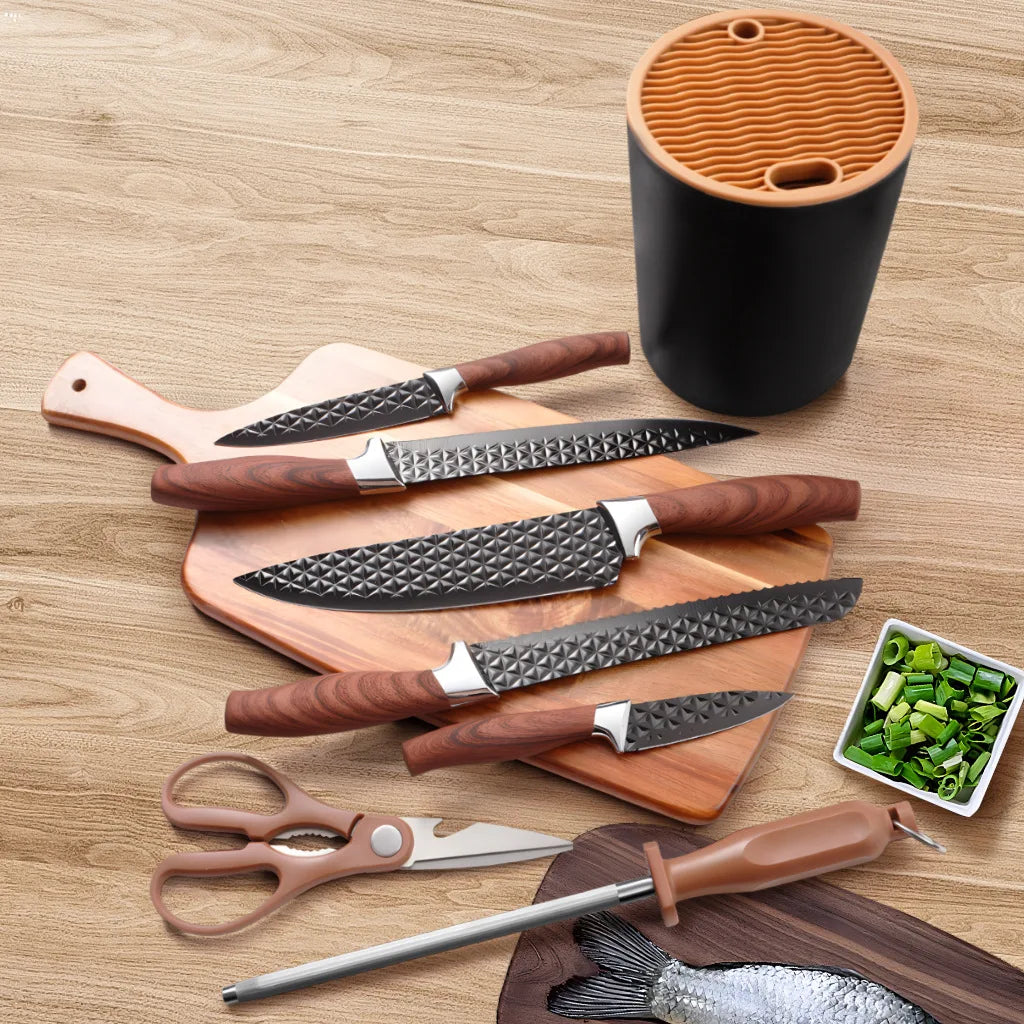Yangjiang 7-Piece Kitchen Knife Set Including Chef Santoku Nakiri and Fruit Slicer Plastic Knife Holder Slicing Cleaver Knives