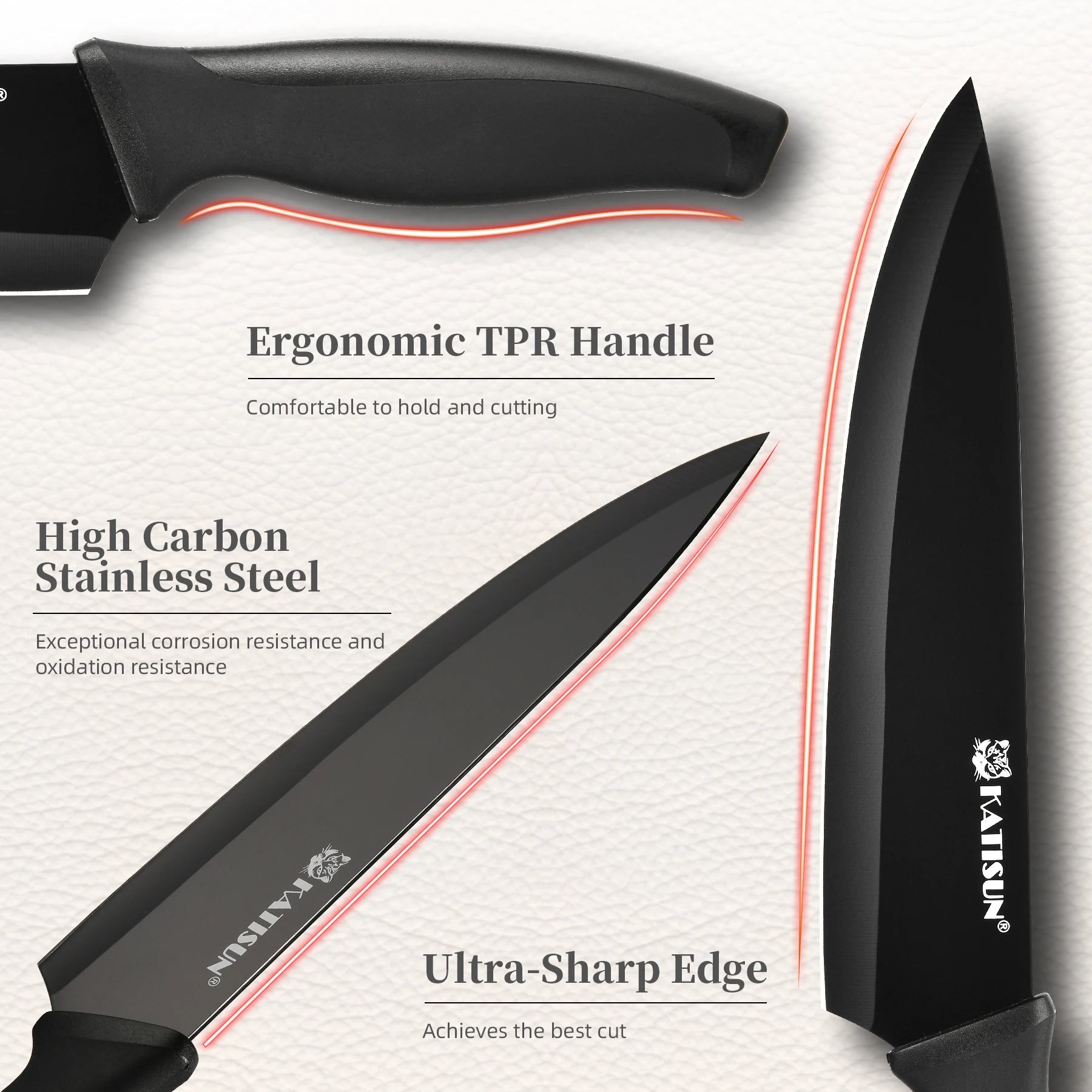 15-Piece Color Coded Kitchen Knife Set High Carbon Chef Knife Ergonomic Black Anti-Slip TPR Soft Handle and Inner Sharpener