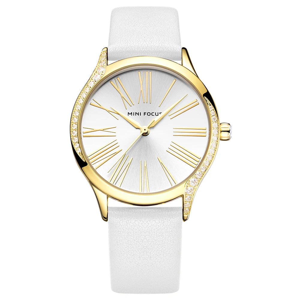 Diamond Grace - Women's Leather Strap Watch with Crystal Case