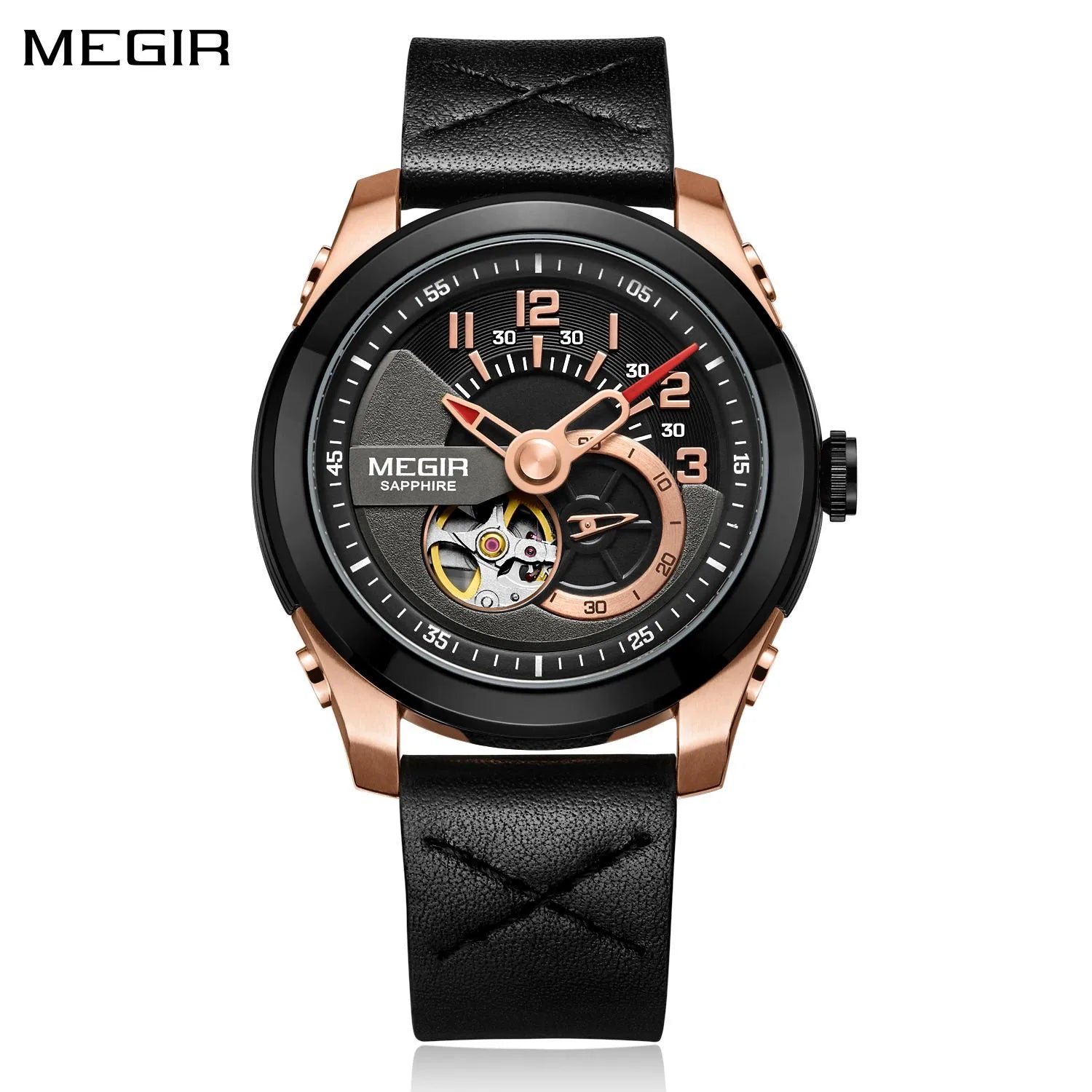 MEGIR 62050 Men Luxury Watches Sport Automatic Movement Mechanical Watch Leather Business Wristwatch Big Dial Relogio Masculino