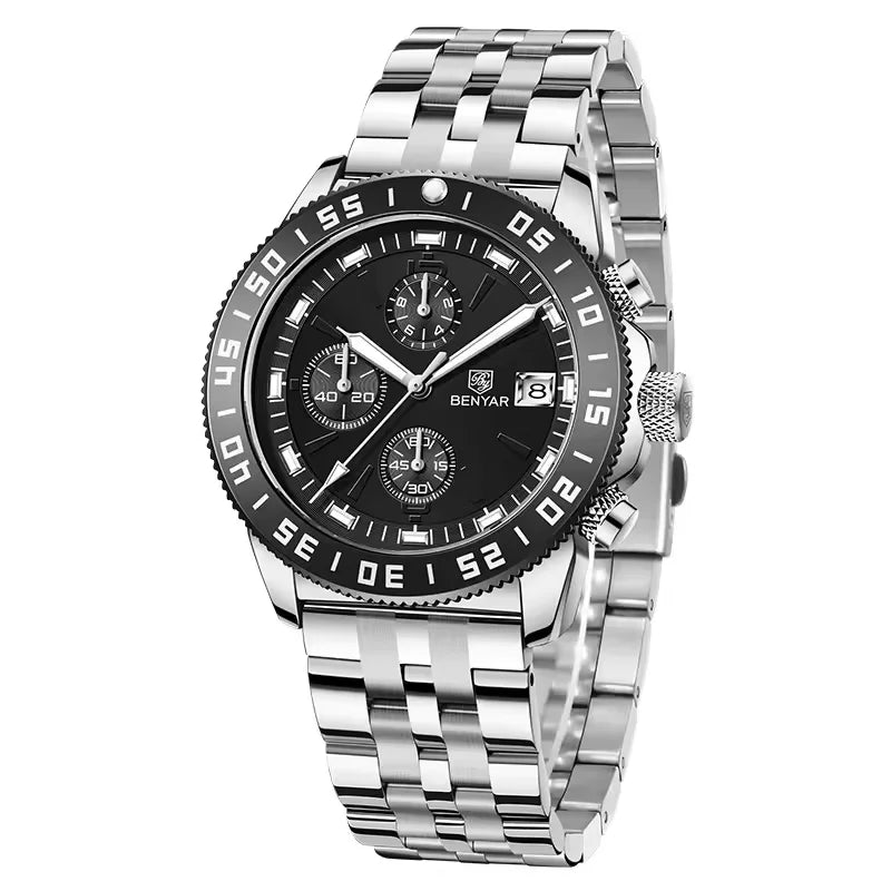 Benyar 5198 Men Timepiece Stainless Steel Band Water Proof Chronometer Character Business Wristwatch