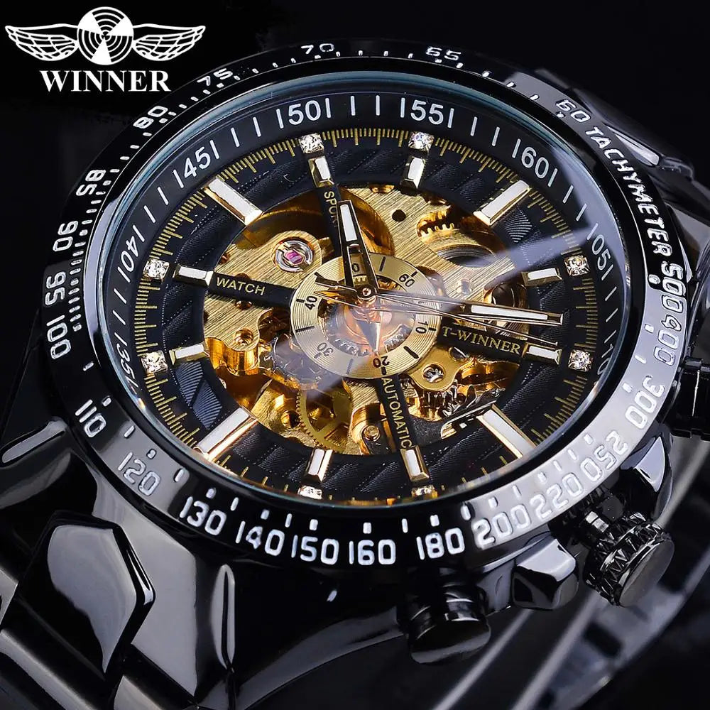 Winner Men's Automatic Mechanical Watch - Black Gold Steel Waterproof Luminous Sport