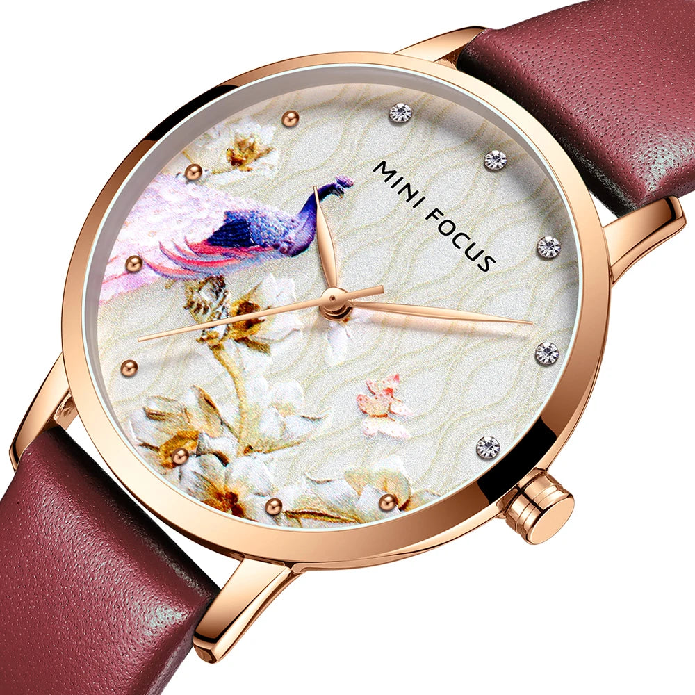 Peacock Elegance - Women's Luxury Leather Watch with Artistic Dial
