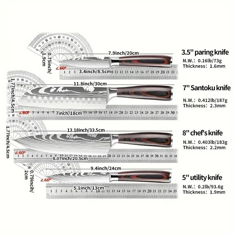 4-Piece Premium Stainless Steel Kitchen Knife Set Pakka Wood Handle Santoku Nakiri Bread Utility Boning Slicer Knives