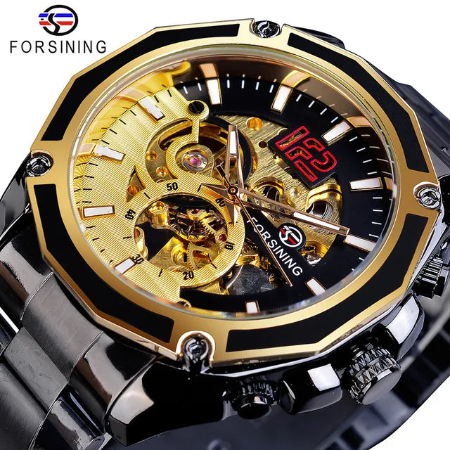Top Brand Luxury Forsining Golden Skeleton Fashion Black Stainless Steel Design Automatic Sport Hour Timepiece Mechanical Watch