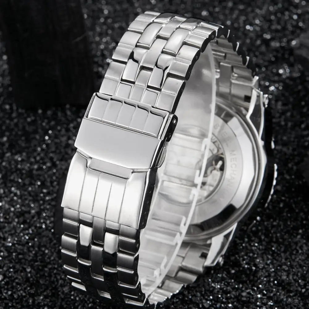 Skeleton Mechanical Watch Men's Top Brand Luxury Automatic Wristwatch Stainless Steel Band Sports Waterproof Male Reloj Gifts