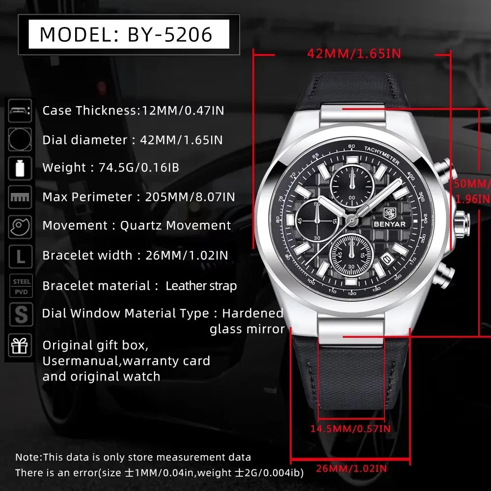 BENYAR 2024 New 5206 Men's Watches Top Luxury Watch for Men Quartz Wristwatches Chronograph Waterproof Sports Luminous Clock