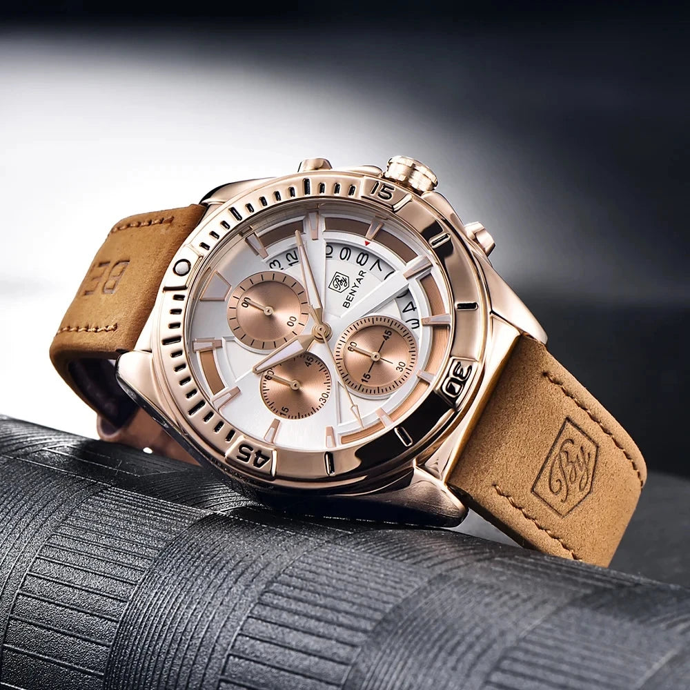 BENYAR 5180 5180M Luxury Brown Genuine Leather Quartz Watch for Men Multifunctional Chronograph Waterproof Calendar Men's Watch