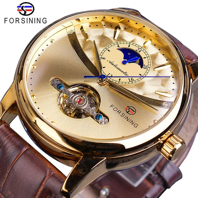 Forsining Moon Phase Automatic Watch Royal Men's Golden Mechanical Wristwatches Casual Genuine Leather Tourbillon Business Clock
