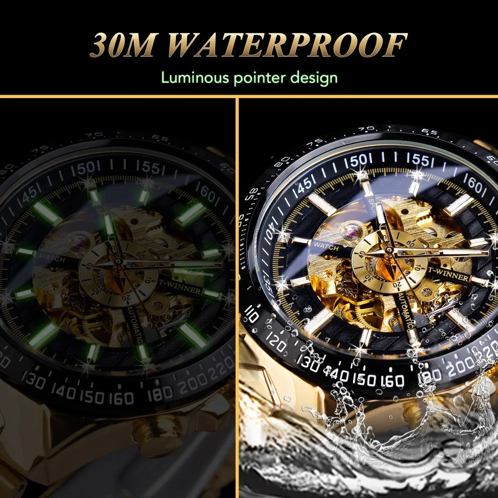 Winner Men's Automatic Mechanical Watch - Black Gold Steel Waterproof Luminous Sport