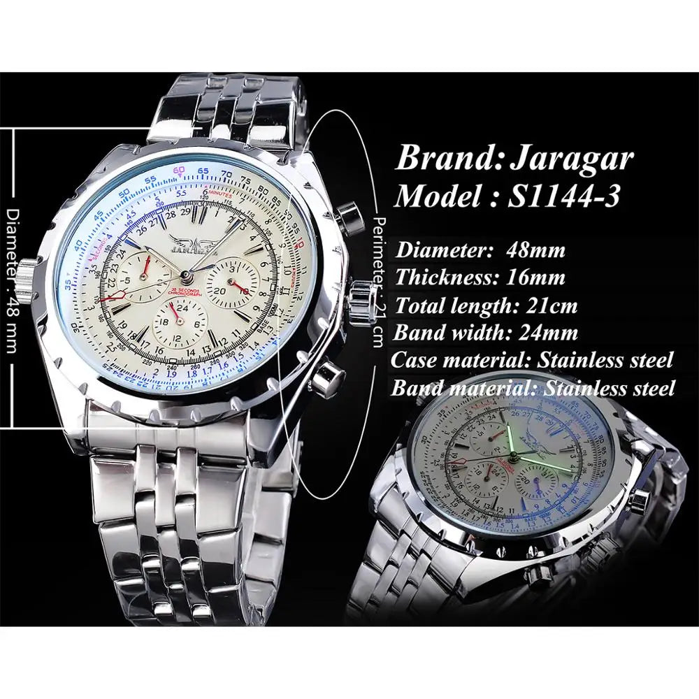Jaragar Men's Automatic Mechanical Watch - White Dial Complete Calendar Luminous Steel