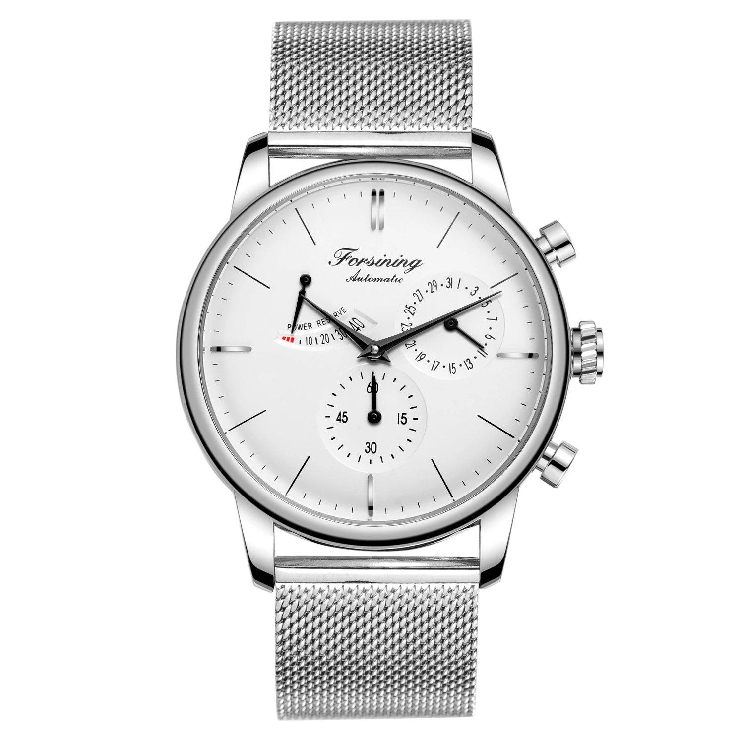 Power Reserve Automatic Watch - White Dial Mesh Band