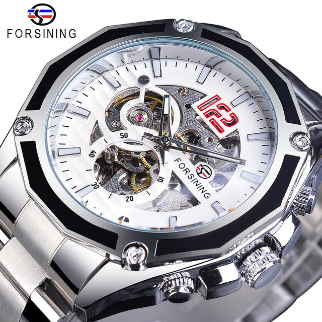 Top Brand Luxury Forsining Golden Skeleton Fashion Black Stainless Steel Design Automatic Sport Hour Timepiece Mechanical Watch