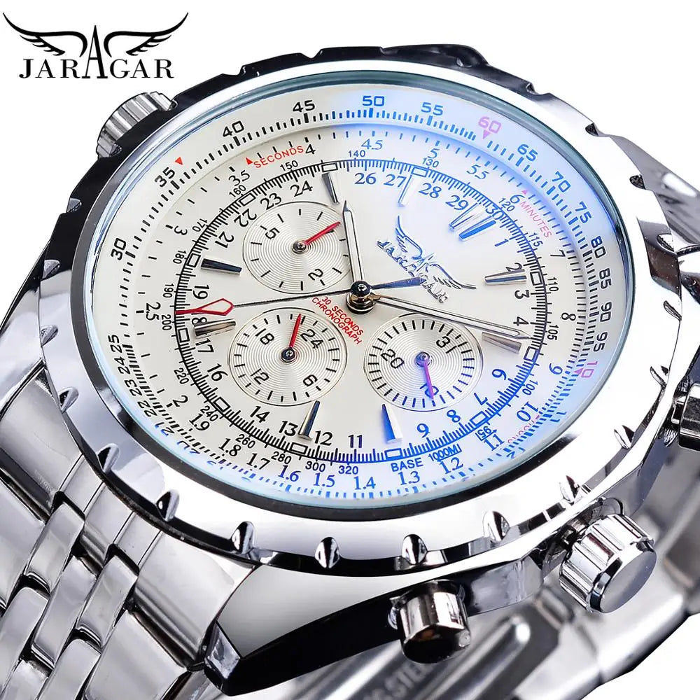 Jaragar Men's Automatic Mechanical Watch - White Dial Complete Calendar Luminous Steel