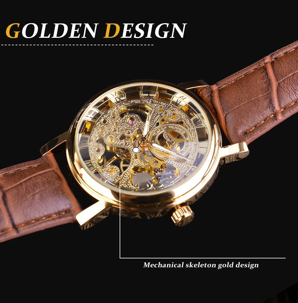 Winner Men's Automatic Watch - Transparent Golden Case Leather Business Sport Timepiece