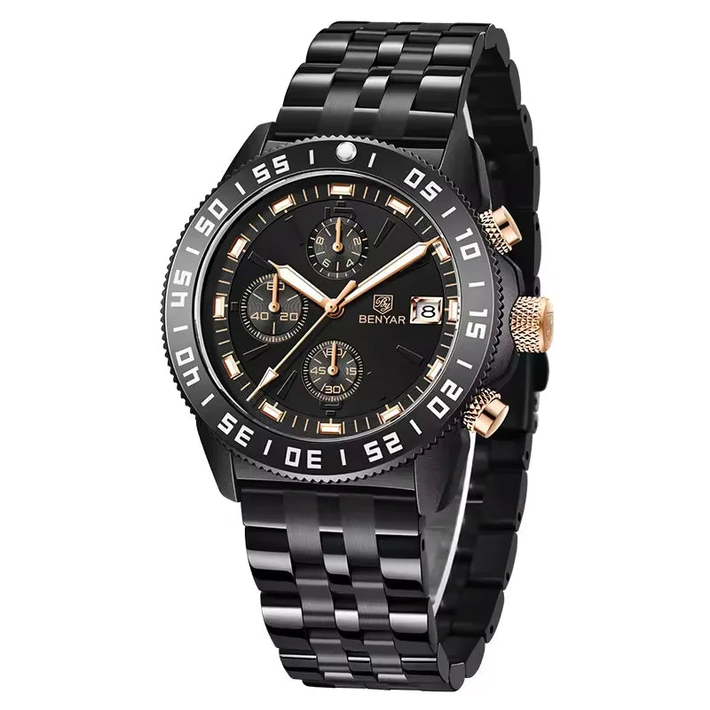 Benyar 5198 Men Timepiece Stainless Steel Band Water Proof Chronometer Character Business Wristwatch